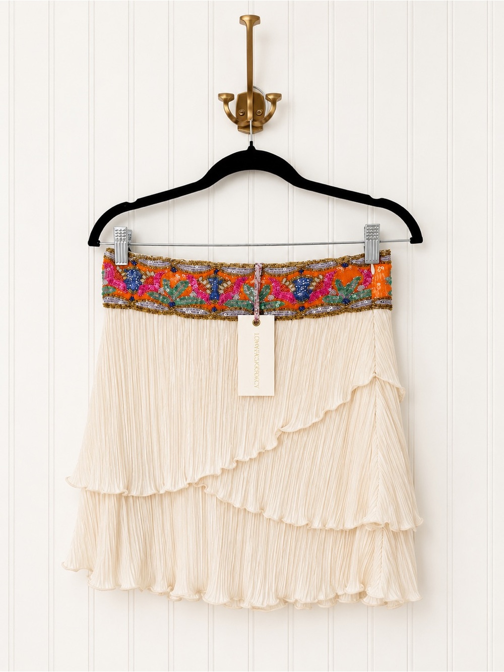 LoveShackFancy Henny Cream Beaded Ruffle Mini Skirt Size 4 NWT
